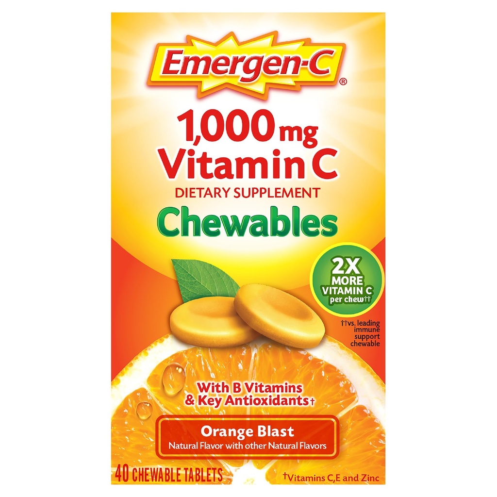 Emergen- C tyggetabletter C 1000mg, med B vitaminer og antioxidanter Tablet (40 greve, Orange Blast Flavor), Kosttilskud