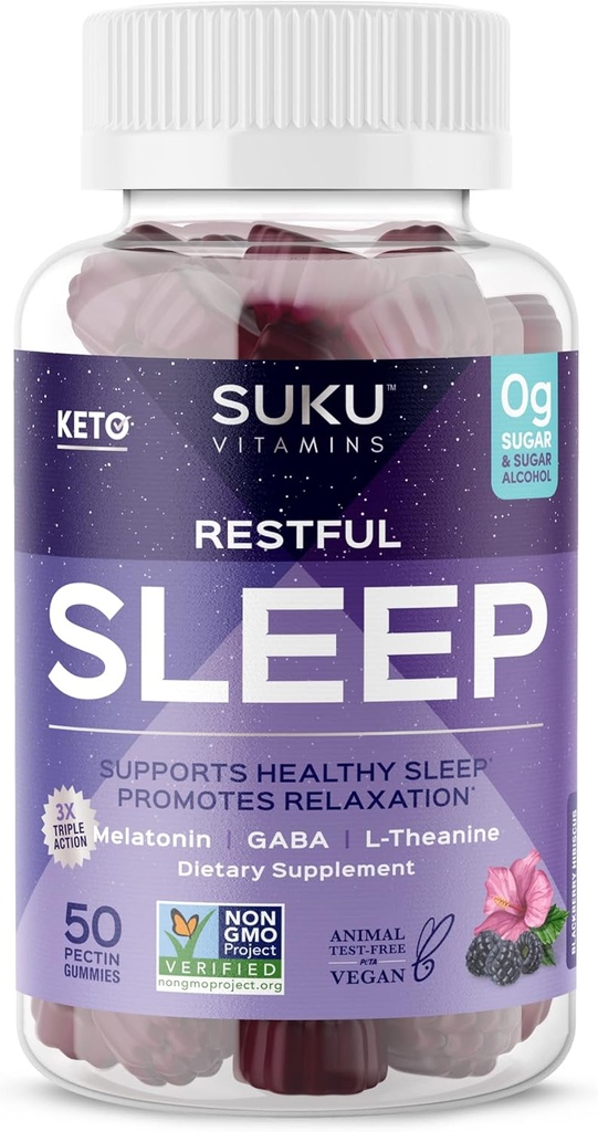 SUKU Restable Sleep Gummies - 3 mg Melatonin, L- Theanine & GABA - Vegan, Sugar- Free Chewable for relaxation & Natural Sleep Support - BlackBerry- Hibiscus Flavor - Non-GMO, Gluten- Free - 50 Greve