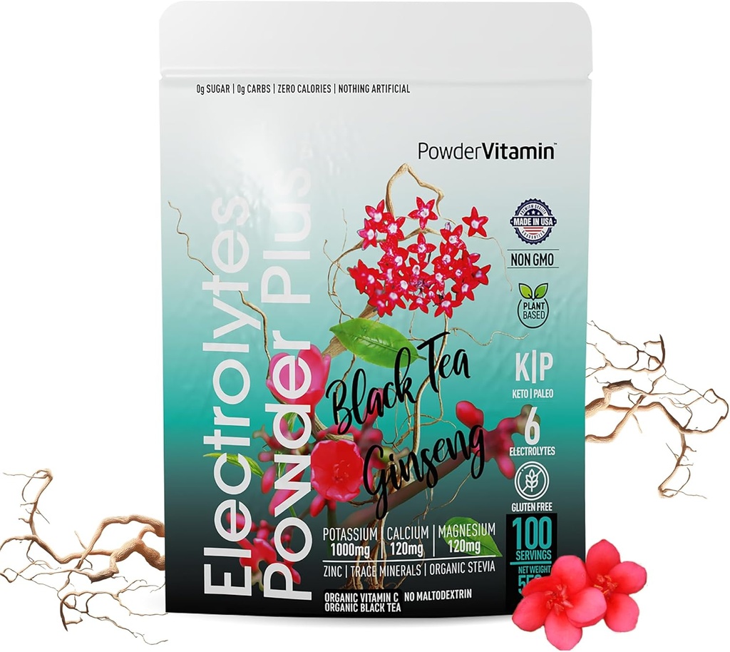 PowderVitamin Electrolytes Powder Plus (100 Servere) Black Tea Ginseng Electrolyte Powder Keto, Sugar Free, Pink Himalayan Salt, 1000mg Kalium, 150mg Calcium, 150mg Magnesium, Hydration Powder