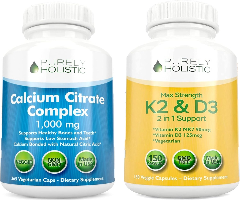 Rent holistisk Calcium Citrate Complex 1000mg + D3 125mcg K2 MK7 90mcg - 365 Vegan Capsules + 150 Vegetar Capsules Bundle - Made in USA