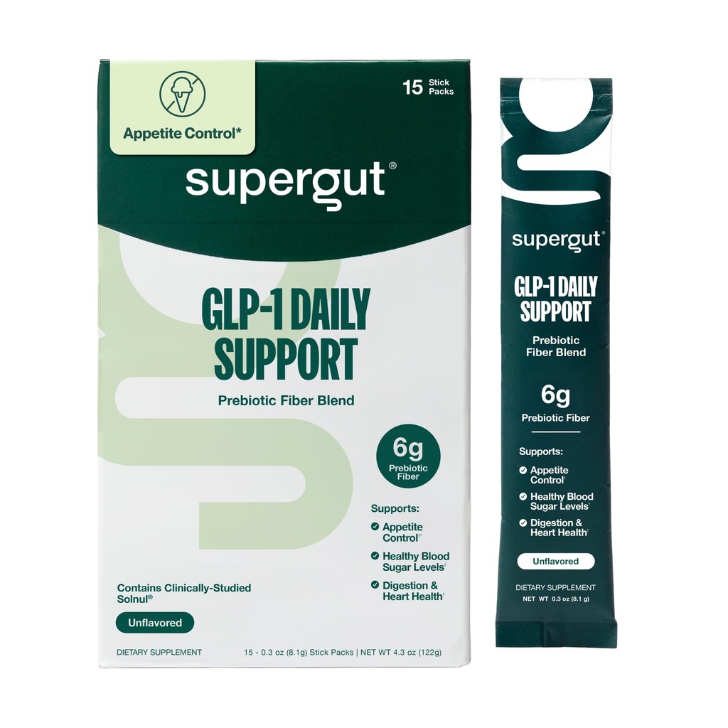 Supergut GLP1 Daglig support - High Fiber GLP-1 Supplement pulver til kvinder & mænd - Sugar- Gratis drik mix til Gut Sundhed (15 Servering)