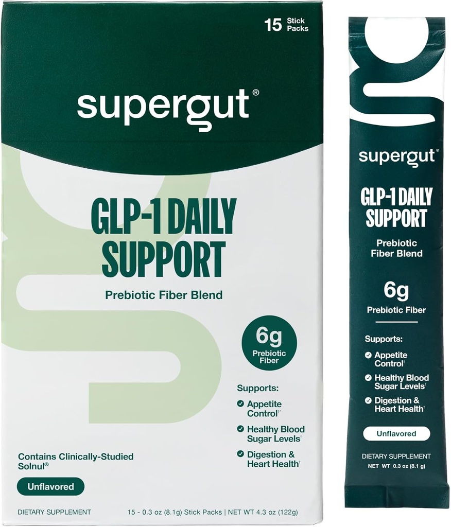 Supergut GLP1 Daily Support - High Fiber GLP-1 Supplement Powder for Women & Men - Sugar-Free Drink Mix for Gut Health (15 Servings)