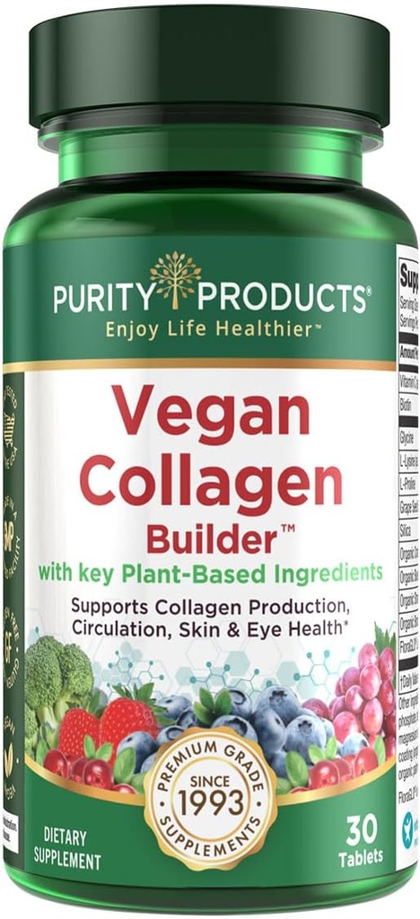 Vegan Collagen Builder - Organic Whole Foods Fruits + Veg, Silica, Lutein, C-vitamin, biotin, Grape Seed - Aminosyrer Glycin, Lysin + Proline Collagen Boostere (30 Servere, tabletter)