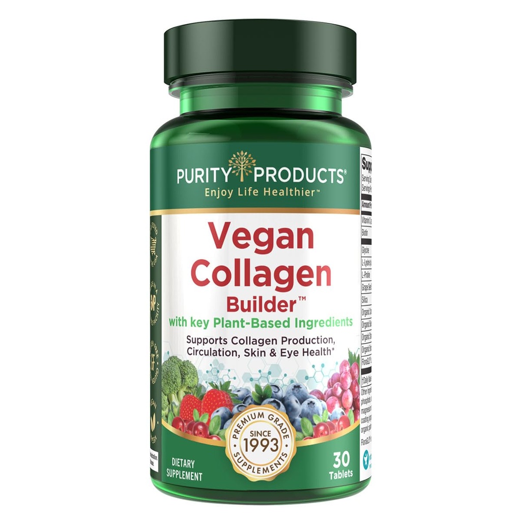 Vegan Collagen Builder - Organic Whole Foods Fruits + Veg, Silica, Lutein, C-vitamin, biotin, Grape Seed - Aminosyrer Glycin, Lysin + Proline Collagen Boostere (30 Servere, tabletter)