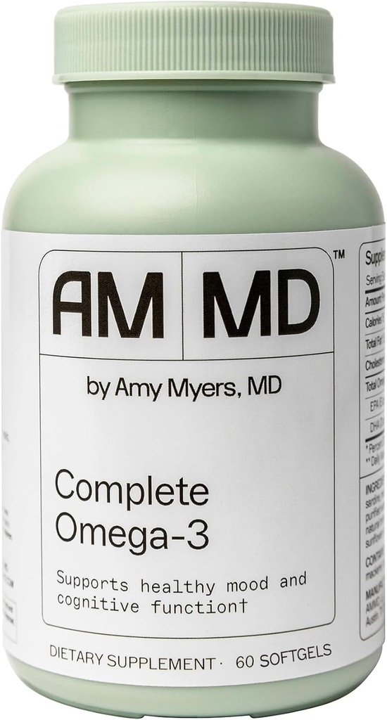 Amy Myers MD Complete Omega-3 Softgels - Fish Oil Supplement for Cardiovaskulær & Immunsystem Support - Non- GMO, Non- Dairy & Non- Soy - 60 Softgels (60 Servere)
