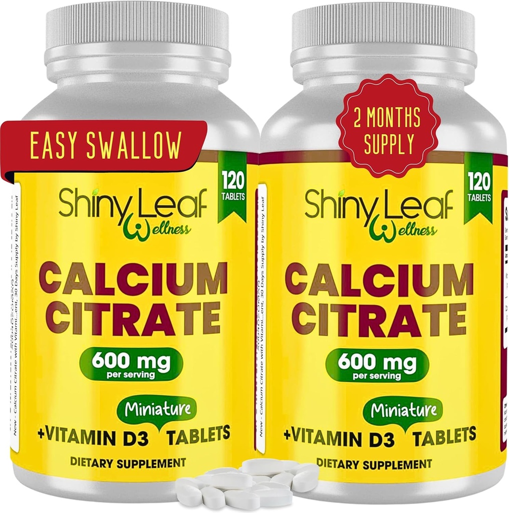 Shiny Leaf Calcium Minis 600 mg - Daily Tablets of Calcium Citrate 600mg Plus Vitamin D3 for Bariatric Post- Op og Gastric Bypass for Kvinder og Mænd, Let at synke, Made in USA, Vegetar - 240 Ct.