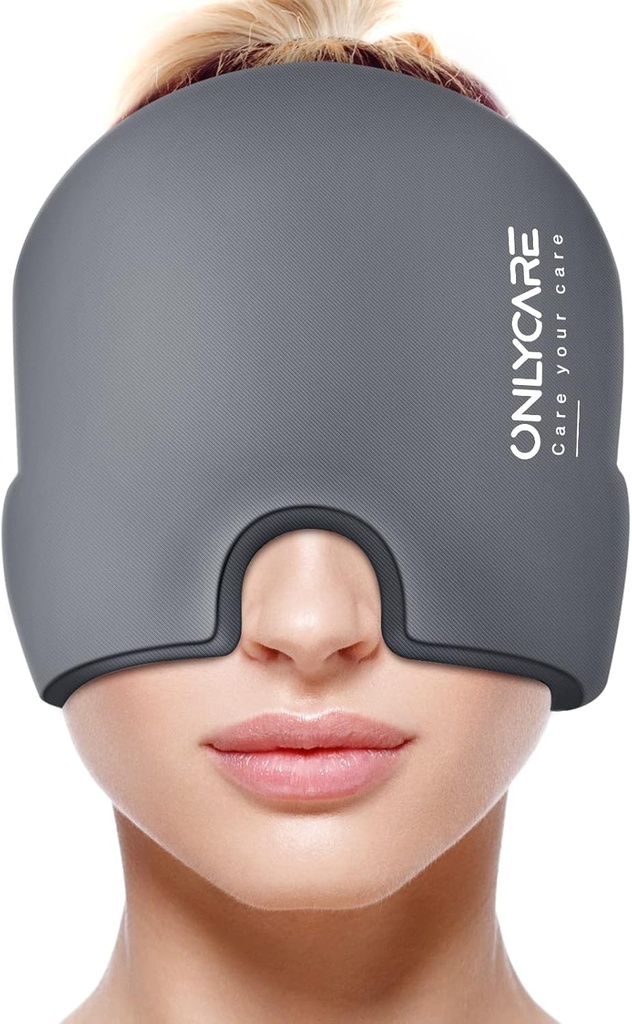 ONLYCARE Migræne Relief Cap, Lindrende Migræne Mask, Opgraderet Odorless Gel Ice Head Wrap, Hot and Cold Therapy, FSA eller HSA Støtteberettiget Hovedpine Ice Pack til Spænding og Stress (Grey)