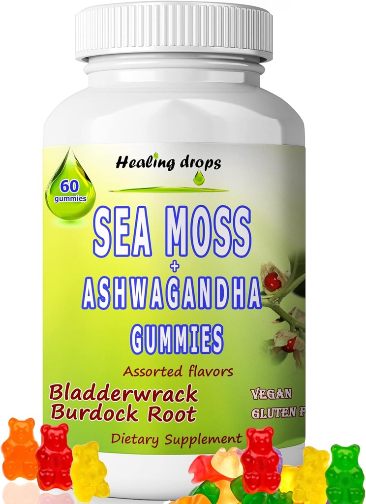 Sea Moss Gummies Ashwagandha med Bladderwrack Burdock Root, Alkaline Keto Vegan non-GMO Diet, Dairy and Gluten Free - af Healing Drops