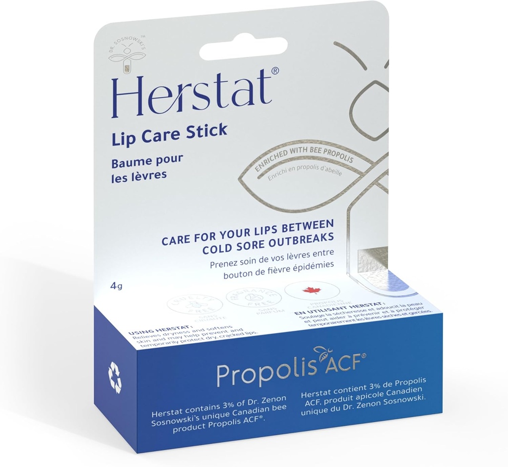 Herstat Daily Lip Balm Beeg 124; Brug Mellem Cold Sore Outbreaks Beeg 124; 3% Propolis Beeg 124; Softens, Hydrates Coldsore Prone Lips