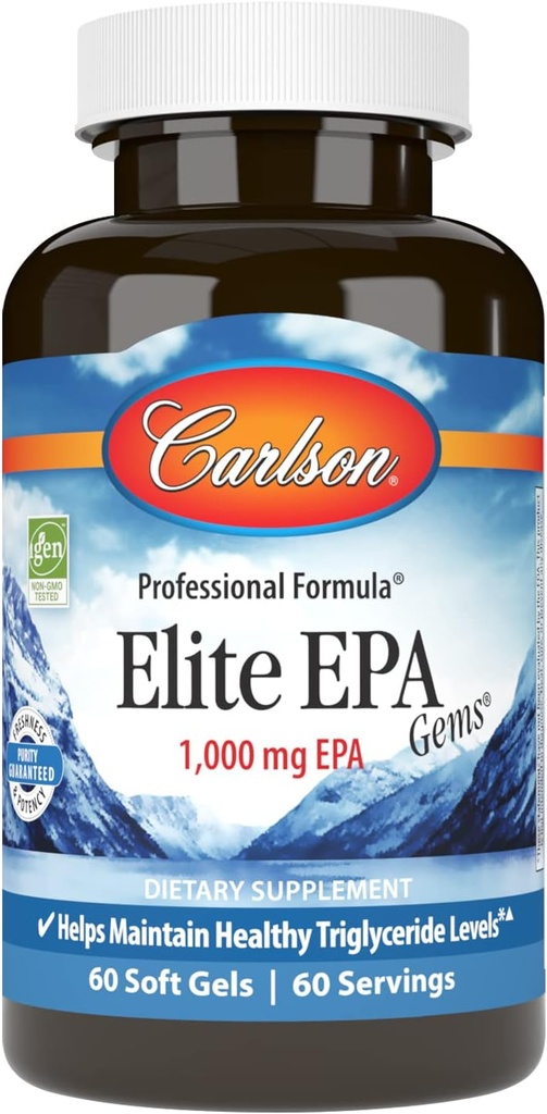 Carlson - Elite EPA perler, 1000 mg EPA Fish Oil, Wild- Fanget, Norwegian Fish Oil Supplement, Sustainable Sourced, Hjælper med at bevare sunde triglyceridniveauer, 60 Softgels