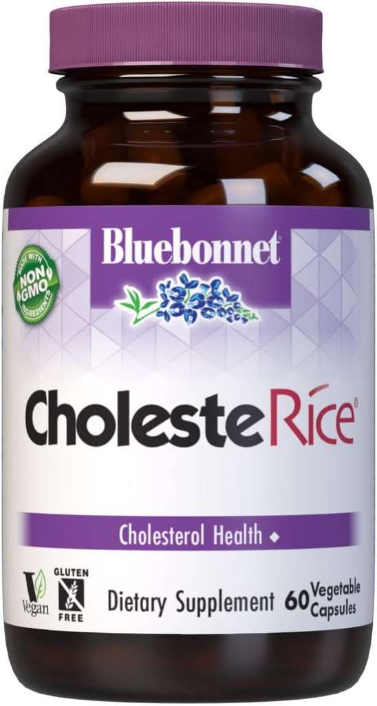 Bluebonnet Nutrition CholesteRice Vegetabilske kapsler, Rød Gær Rice, Plant Steroler, Pantethin, CoQ10, Policosanol, Vegan, Vegetar, Ikke GMO, Gluten fri, Mælk fri, SOY- GRATIS, 60 Vegetabilske kapsler