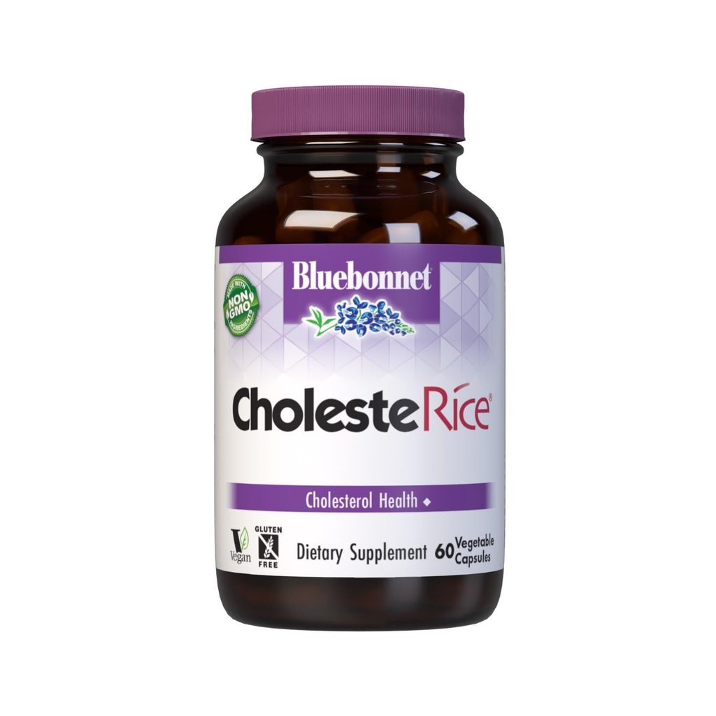 Bluebonnet Nutrition CholesteRice Vegetabilske kapsler, Rød Gær Rice, Plant Steroler, Pantethin, CoQ10, Policosanol, Vegan, Vegetar, Ikke GMO, Gluten fri, Mælk fri, SOY- GRATIS, 60 Vegetabilske kapsler