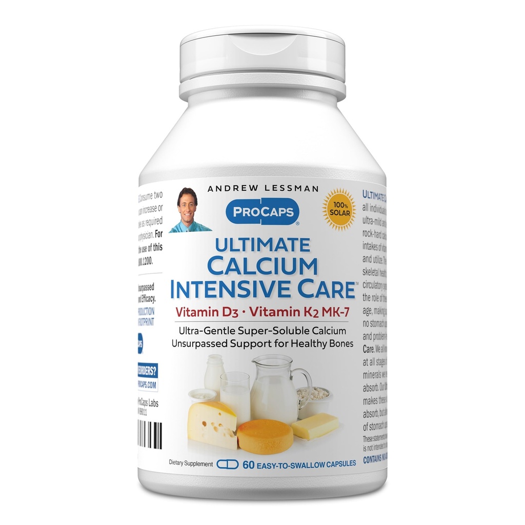 ANDREW LESSMAN Ultimate Calcium Intensive Care med vitamin D3 og K2 MK7- 120 mcg - 60 kapsler - Knogle- og skeleton sundhed Essentials. Rolig, let at sluge, Super Opløselig. Ingen tilsætningsstoffer
