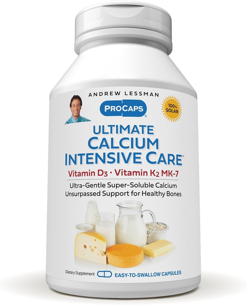 ANDREW LESSMAN Ultimate Calcium Intensive Care med vitamin D3 og K2 MK7- 120 mcg - 60 kapsler - Knogle- og skeleton sundhed Essentials. Rolig, let at sluge, Super Opløselig. Ingen tilsætningsstoffer