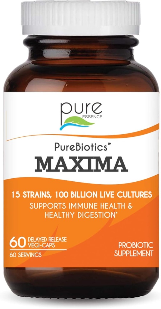PURE VÆSENTLIGE ETIKER Maxima Probiotika 100 Millioner CFU - Mænd og kvinder Probiotisk supplement til bedre fordøjelse - 15 Strops til immunforsvar og fordøjelsessygdomme (60 kapsler)
