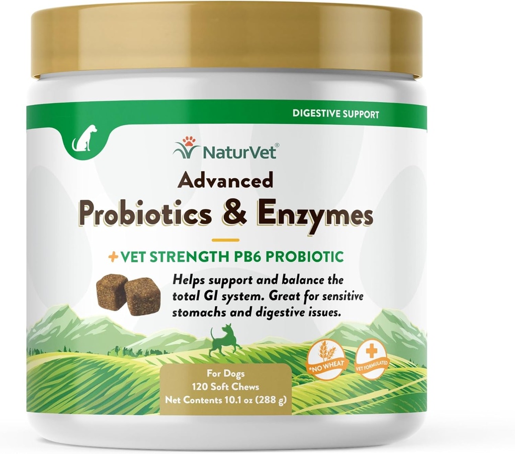 NaturVet Avanceret Probiotika & Enzymer, PB6 Hund Soft Chews til at hjælpe sensitive stomachs og fordøjelsesproblemer, Hickory røget Bacon Flavored Pet supplement til hunde over 6 uger, 120 Count Jar