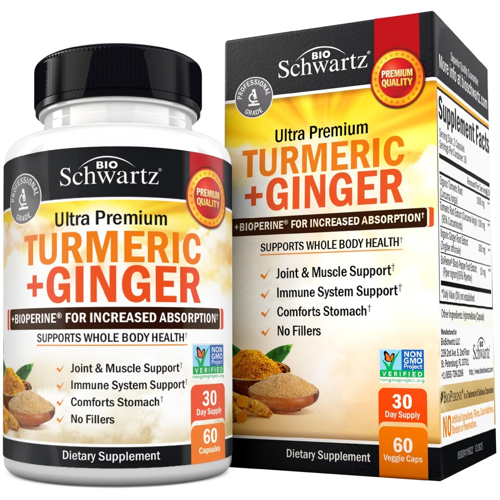 Gurkemeje og ingefær Supplement - 95% Standardiserede Curcuminoider med BioPerine Black Pepper Extract for Ultra High Absorption - Natural Joint Support Supplement - Gluten- Free - 60 kapsler