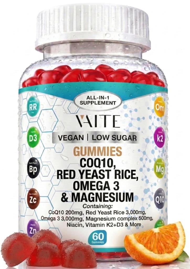 CoQ10 200mg Gummies med rød gær Rice & Magnesium Glycinate - Omega-3, Zink og vitamin K2 + D3 for total sundhed - Kosttilskud til voksne - 60 tyggetumies