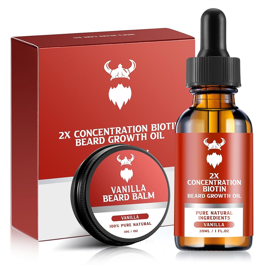 Beard Growth Kit - 2X Koncentration Biotin til mænd, naturlige ingredienser med Argan Oil, Jojoba Oil og Vitamin (Vanilla)