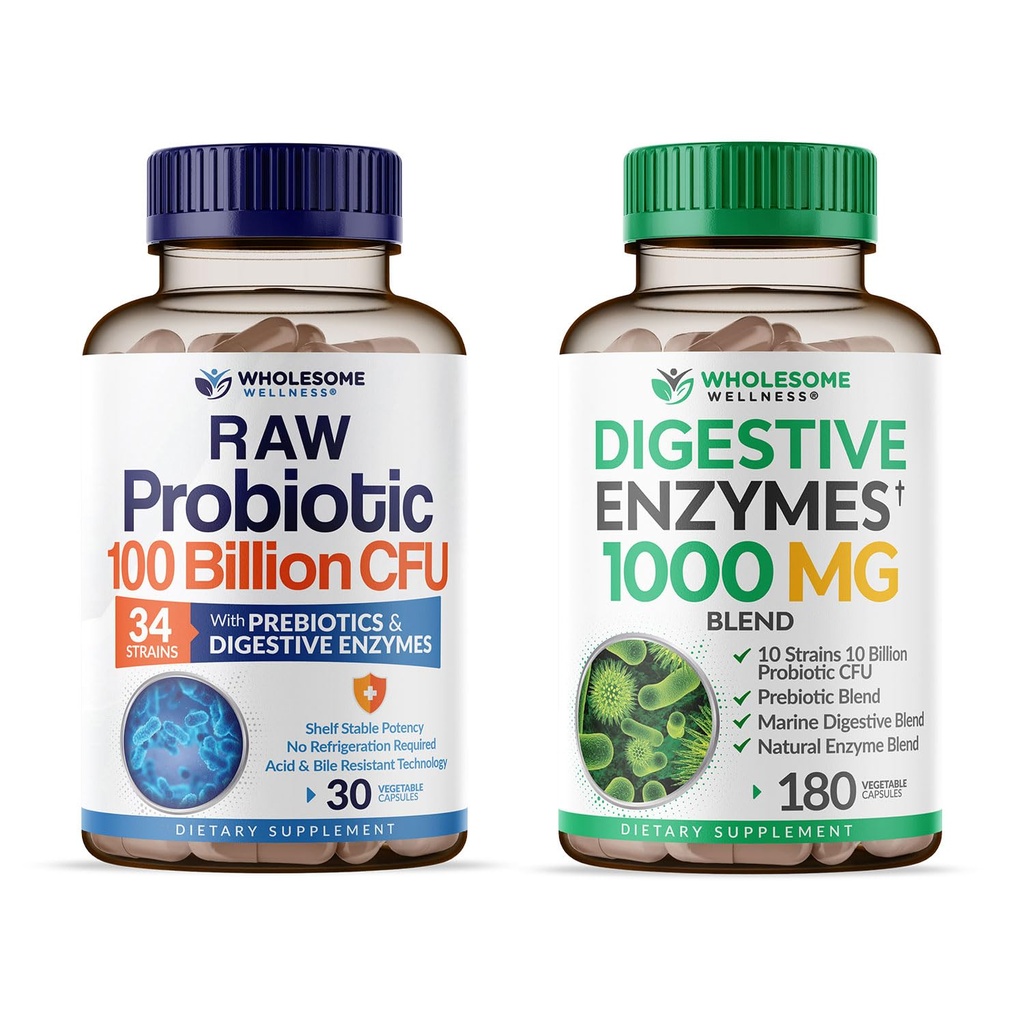 Grossome Wellness Organic Probiotics 100 milliarder CFU + fordøjelsesenzymer 1000mg med Prebiotics Bundle