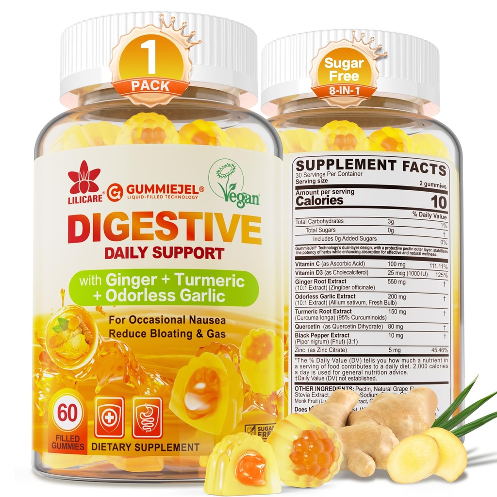 Ingefær Tyggegummi til Kvalme og fordøjelsesbesvær Support, Mave Relief - Sukker fri med gurkemeje & Odorless Hvidløg, Quercetin, Vitamin D3, C, Lækre fordøjelsestilskud, 60Cts (pakke med 1)
