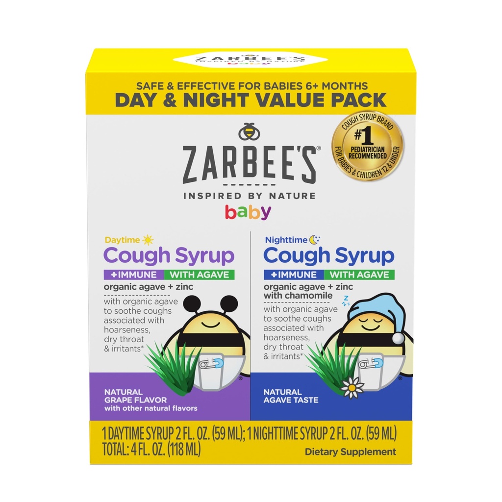 Zarbee 's Baby Daytime & Nighttime Cough Syrup + Immunation with Organic Agave + Zink, Grape with Kamille, Agave Taste, Two Pack, 2 x 2 fl. oz