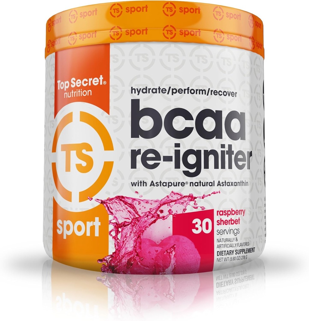 Top Secret Nutrition BCAA Re- Igniter Vegan Aminosyre tillæg med Astaxanthin og Electrolyte, Hydration Blend med kokos vand, 9.80 oz (30 portioner), Raspberry Sherbet