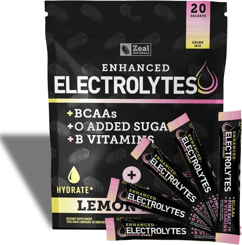 Forstærket electrolyte Powder Stick Packs (Lemon Berry) w / 0 Sukker + BCAAs + B- Vitaminer Electrolyte Supplement w Kalium Zink & Magnesium til hydrering - Keto Elektrolytes