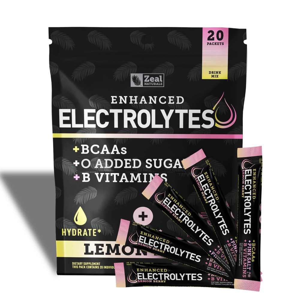 Forstærket electrolyte Powder Stick Packs (Lemon Berry) w / 0 Sukker + BCAAs + B- Vitaminer Electrolyte Supplement w Kalium Zink & Magnesium til hydrering - Keto Elektrolytes