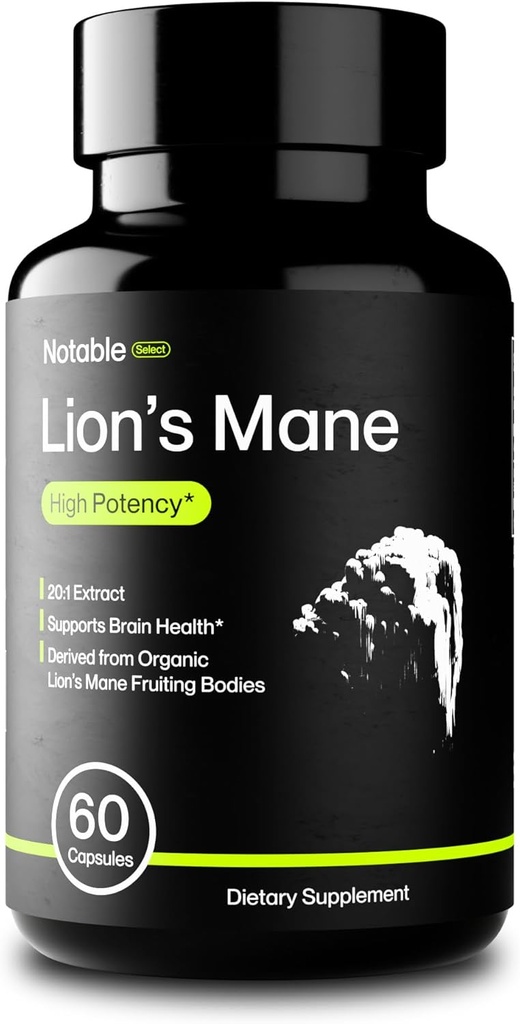 Notable Select Lion 's Mane Mushroom Support 124; 20: 1 Uddrag 124; Premium Kognitiv Support; 124; Organic Measurement 124; Lab- Testet Measurement 124; Pure Ingredients (1 flaske / 1-måned Tilgang)