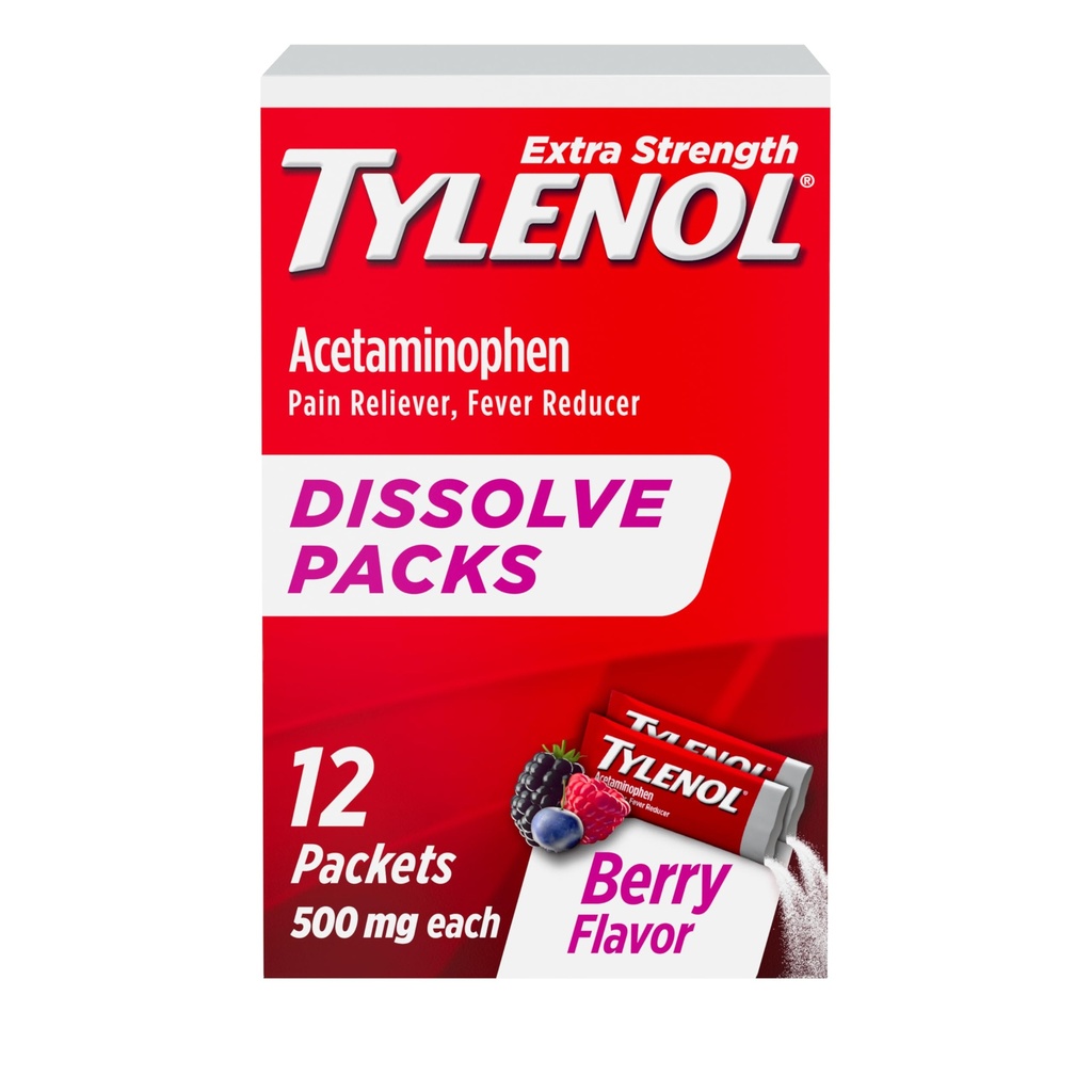 Tylenol Ekstra styrke Opløs pakker, 500 mg Acetaminophen Pain Reliever & Fever Reducer, On- The- Go Powder Packets for Minor Aches & Pains, Ibuprofen- & Aspirin- Free, Berry Flavor, 12 ct