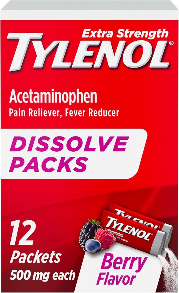 Tylenol Extra Strength Dissolve Packs, 500 mg Acetaminophen Pain Reliever & Fever Reducer, On-The-Go Powder Packets for Minor Aches & Pains, Ibuprofen- & Aspirin-Free, Berry Flavor, 12 ct