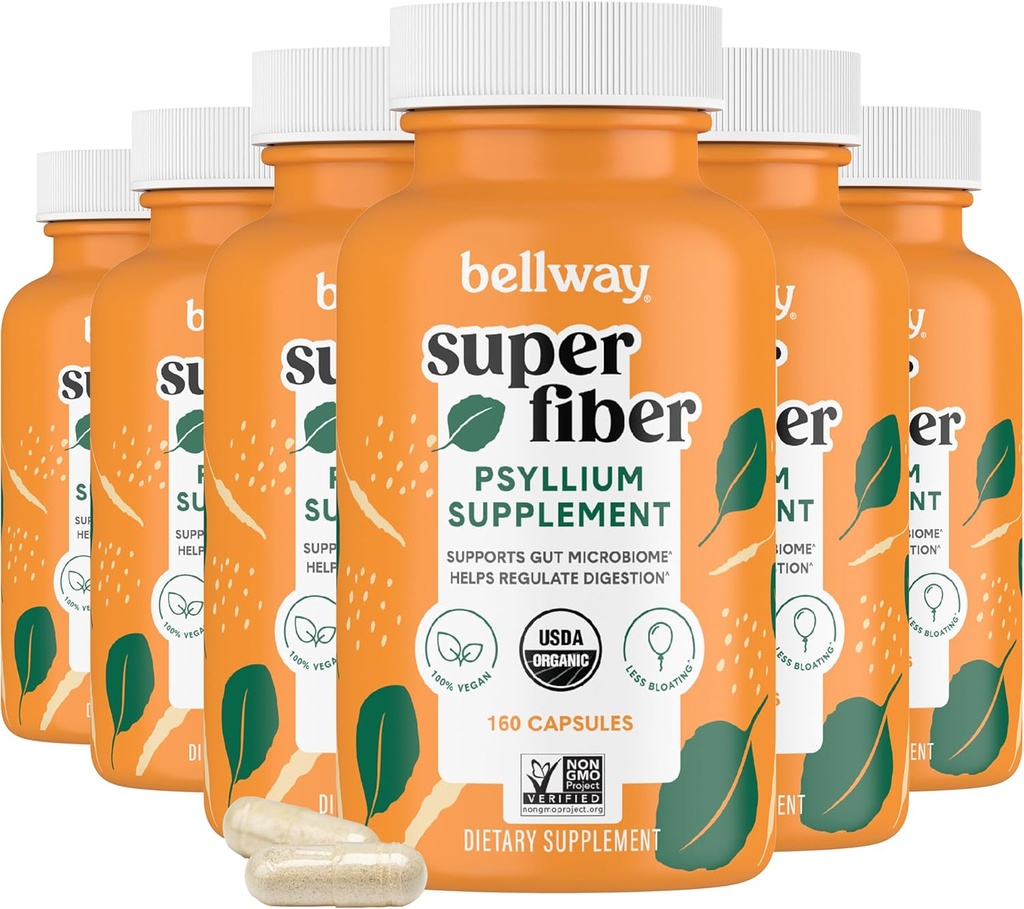 Bellway Super Fiber Kapsler (6 Pack) - USDA Organic Psyllium Husk Kapsler - Daily Psyllium Husk Fiber Supplement for fordøjelse sundhed og regelmæssighed, Plant baseret, Non- GMO, Kosher - 960 Kapsler