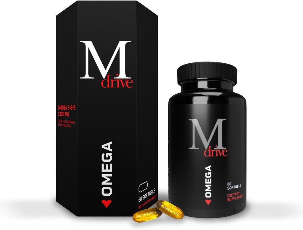 Mdrive Omega 3 Fiskeolie til mænd, Omega 3-6-9 1200mg fra fisk, Borage & Flaxseed Oil, Support Heart, Brain, Hud og fælles sundhed, 60 Greve