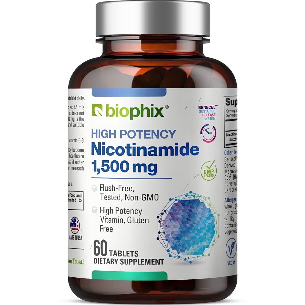 biophix B-3 Nicotinamid 1500 mg 60 tabletter Maksimal styrke - Nicotinsyre Niacin Natural Flush- Free Vitamin Formel - Understøtter hud celle sundhed