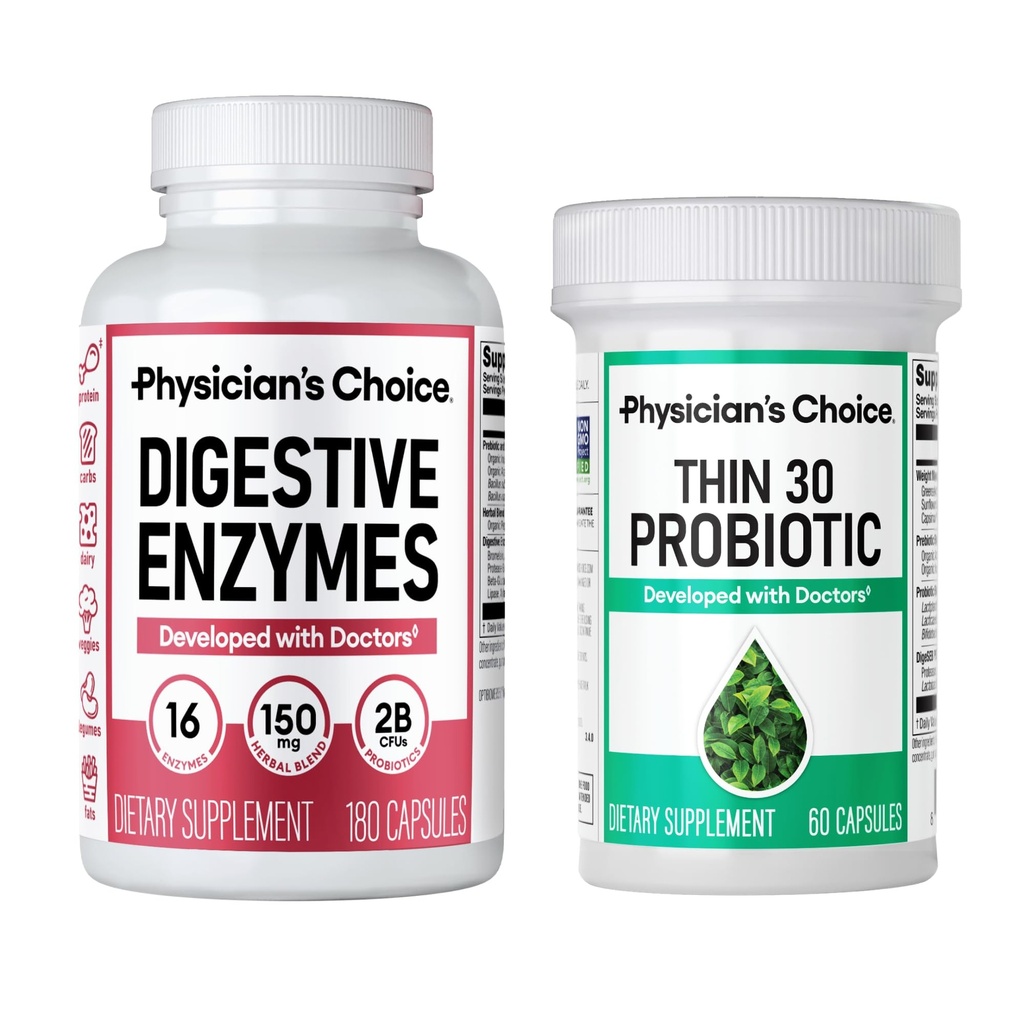 Lægens CHOICE - Beat Bloat + Support Weight Management Bundle: Digitale enzymer 180ct + Thin- 30 Probiotisk 60ct - Value Pack