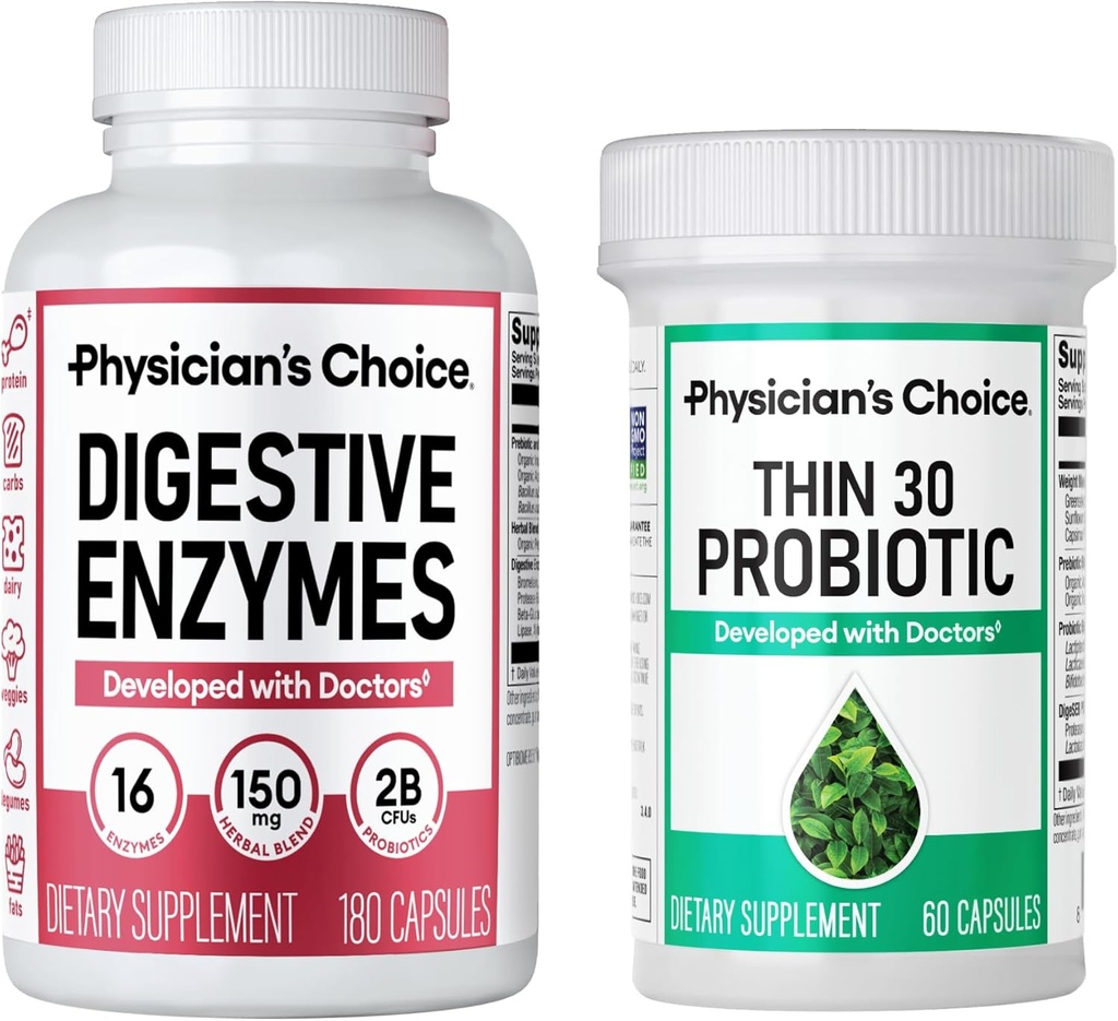 Lægens CHOICE - Beat Bloat + Support Weight Management Bundle: Digitale enzymer 180ct + Thin- 30 Probiotisk 60ct - Value Pack
