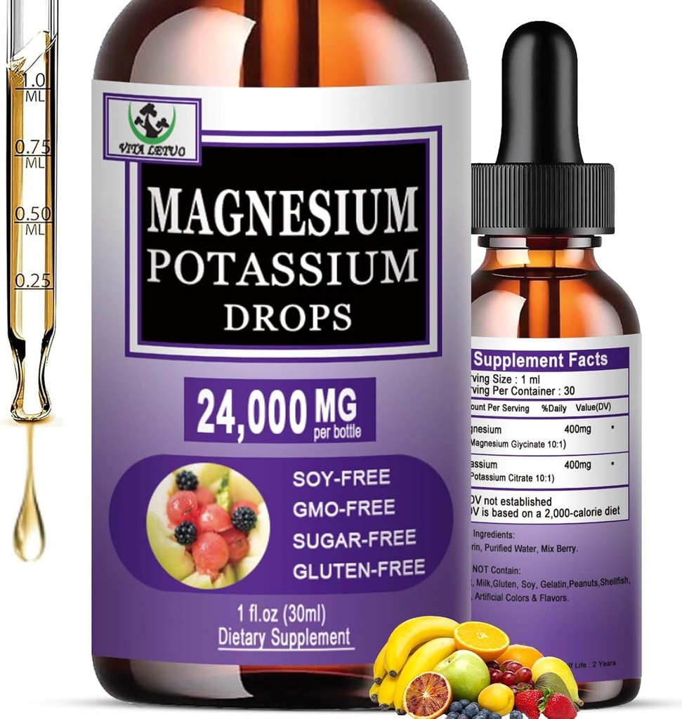 Magnesium Glycinat med kaliumtilskud, flydende Magnesium Glycinat 500 mg Kalium Citrat 500 mg, Magnesium Flydende dråber til vaskulær, Knogler, Hjerte, Muskel & Nerve Sundhed, Non- GMO, Vegan