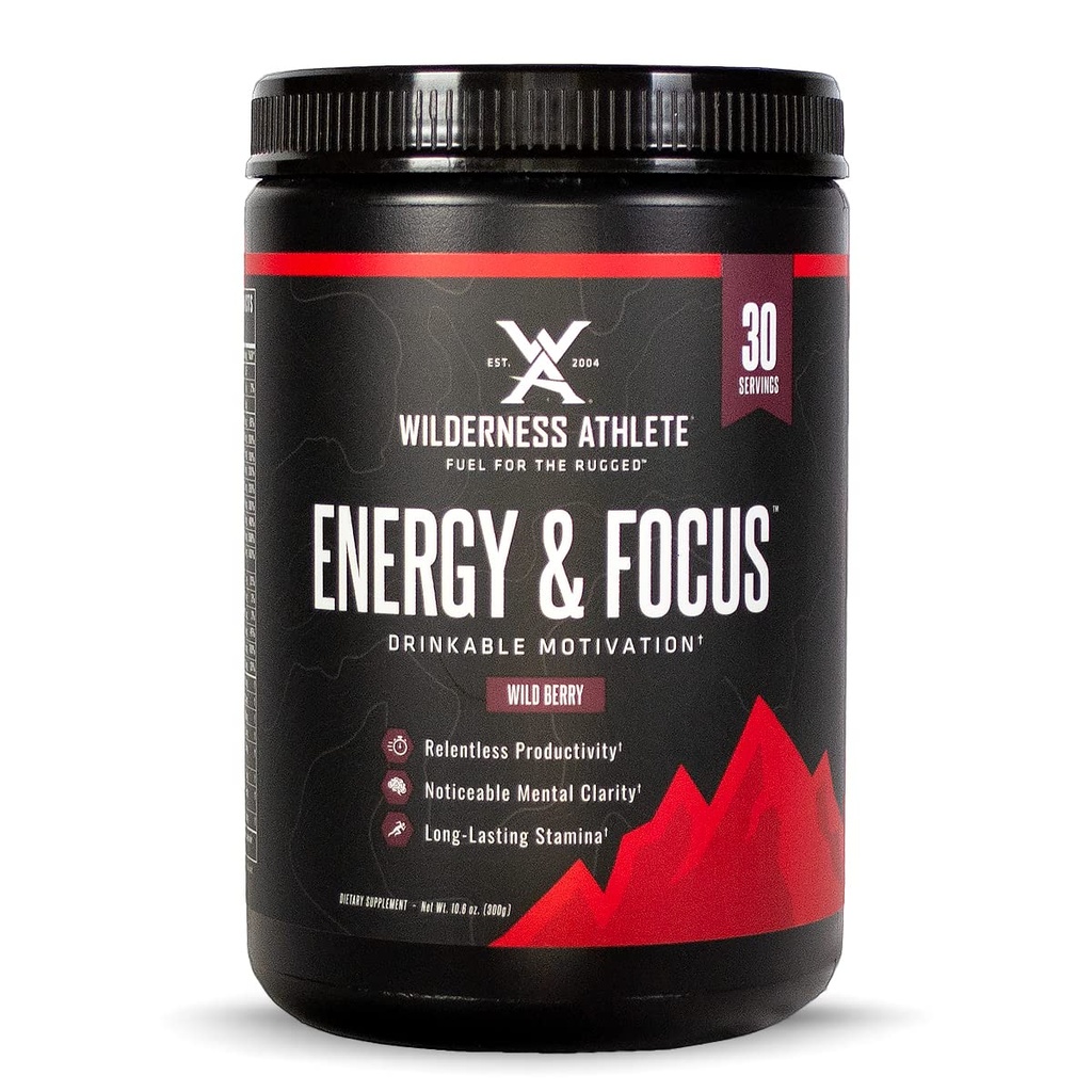 Wilderness Atlete - Energi & Fokus.124; Energy Pre Workout for Kvinder & Mænd - Energy Powder Drink Mix med naturlig koffein - Low- Carb, Zero Sugar Workout Powder - 30 Servering Tub (Wild Berry)