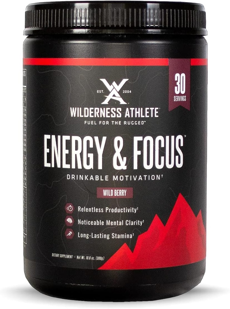 Wilderness Atlete - Energi & Fokus.124; Energy Pre Workout for Kvinder & Mænd - Energy Powder Drink Mix med naturlig koffein - Low- Carb, Zero Sugar Workout Powder - 30 Servering Tub (Wild Berry)