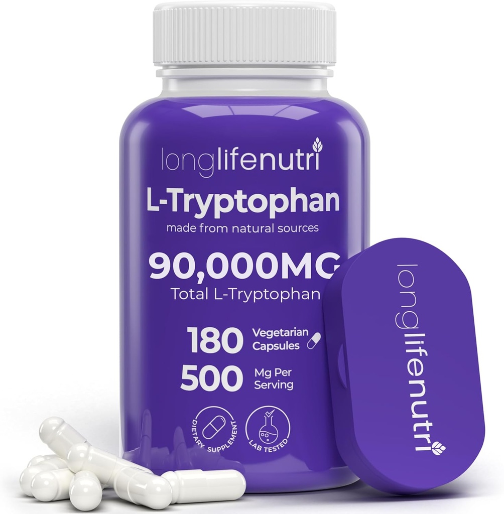 L- Tryptophan 500mg - 180 Vegetariske Kapsler, 6 - Måned Supply, for Sleep Aid og Mood Stabilitet, Lab Testet, Made in USA, Non- GMO
