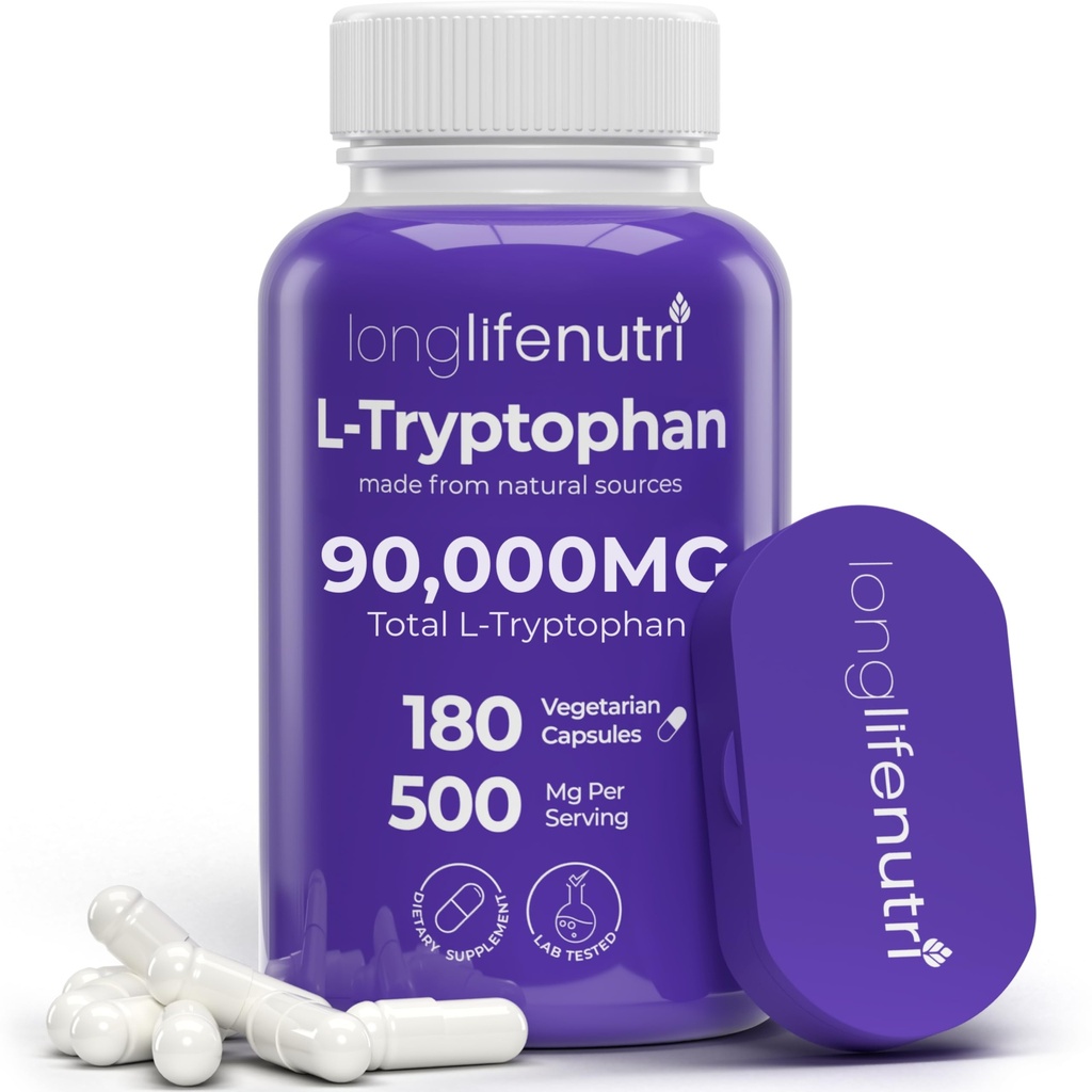 LongLifeNutri L-Tryptophan 500mg - 180 Veggie Capsules, 6 Month Supply - Natural Sleep Aid and Mood Stability Support for Serotonin Balance - Lab Tested, Made in USA, Non-GMO