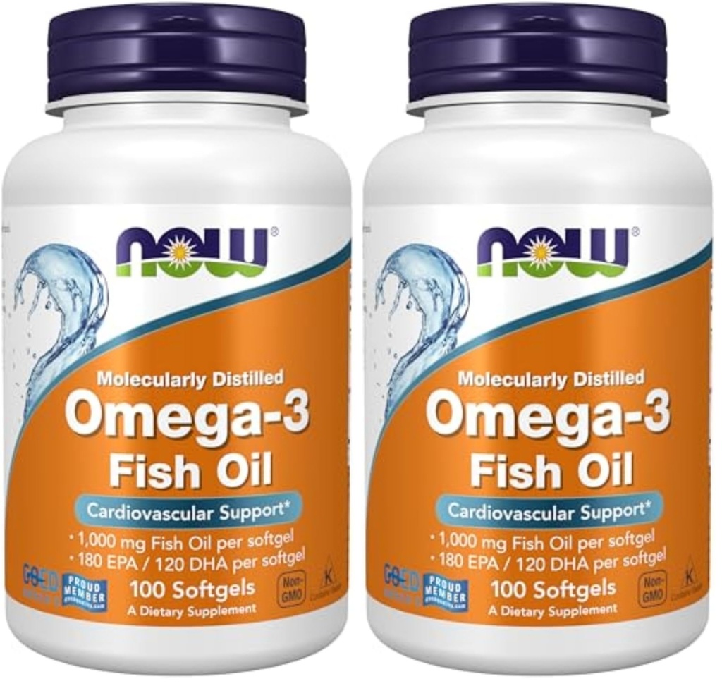 NOW Supplements, Omega-3 180 EPA / 120 DHA, Molecularly Distilled, Cardiovascular Support, 100 Softgels, (Pack of 2)
