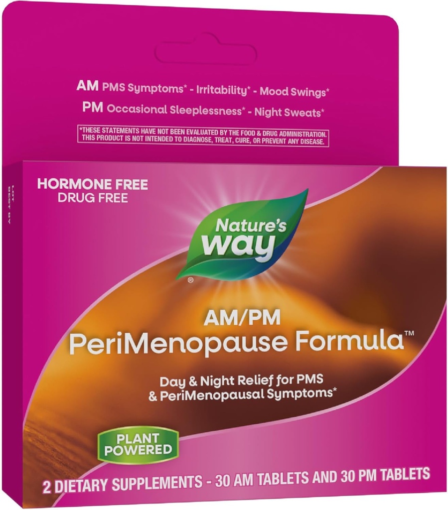 Nature 's Way AM / PM PeriMenopause Formel, Perimenopause og PMS Symptom Support *, Hormone-Free, Hot Flashs *, PMS Symptomer *, Rastful Sleep *, 30 AM & 30 PM tabletter (Packaging May Vary)