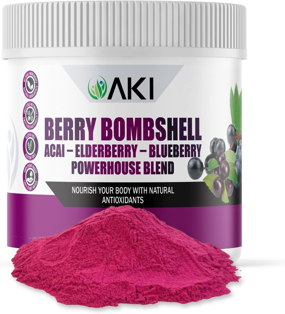 AKI Berry Bombeskal - Acai, Elderberry & Blend (5.3oz / 150g) - Bringer Sammen Ideelle bær til at skabe en næringsrig, Flavorful og praktisk superfood - Vegansk Friendly & Gluten Free