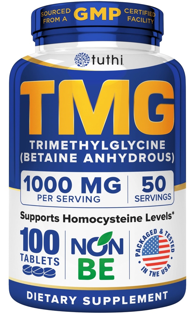 Tuthi TMG Supplement - 1000 mg trimethylglycin - betain Aminosyre til cardiovaskulær støtte og sunde homocystein niveauer - 100 Vegan tabletter - Gluten- fri, ikke-GMO - Made in USA