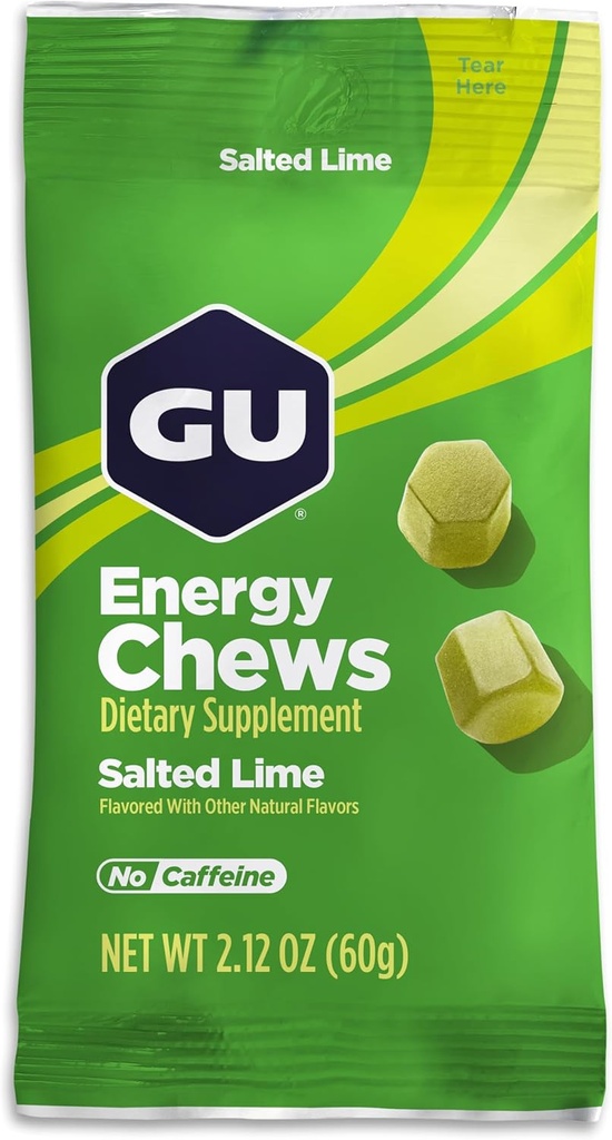 GU Energy Chews, Saltet Lime Energy Gummies med Electrolytes, Vegan, Gluten- Free, Kosher, Caffe- Free, og Dairy- Free On- The- Go Energy for enhver træning, 12 tasker (24 Servere i alt)