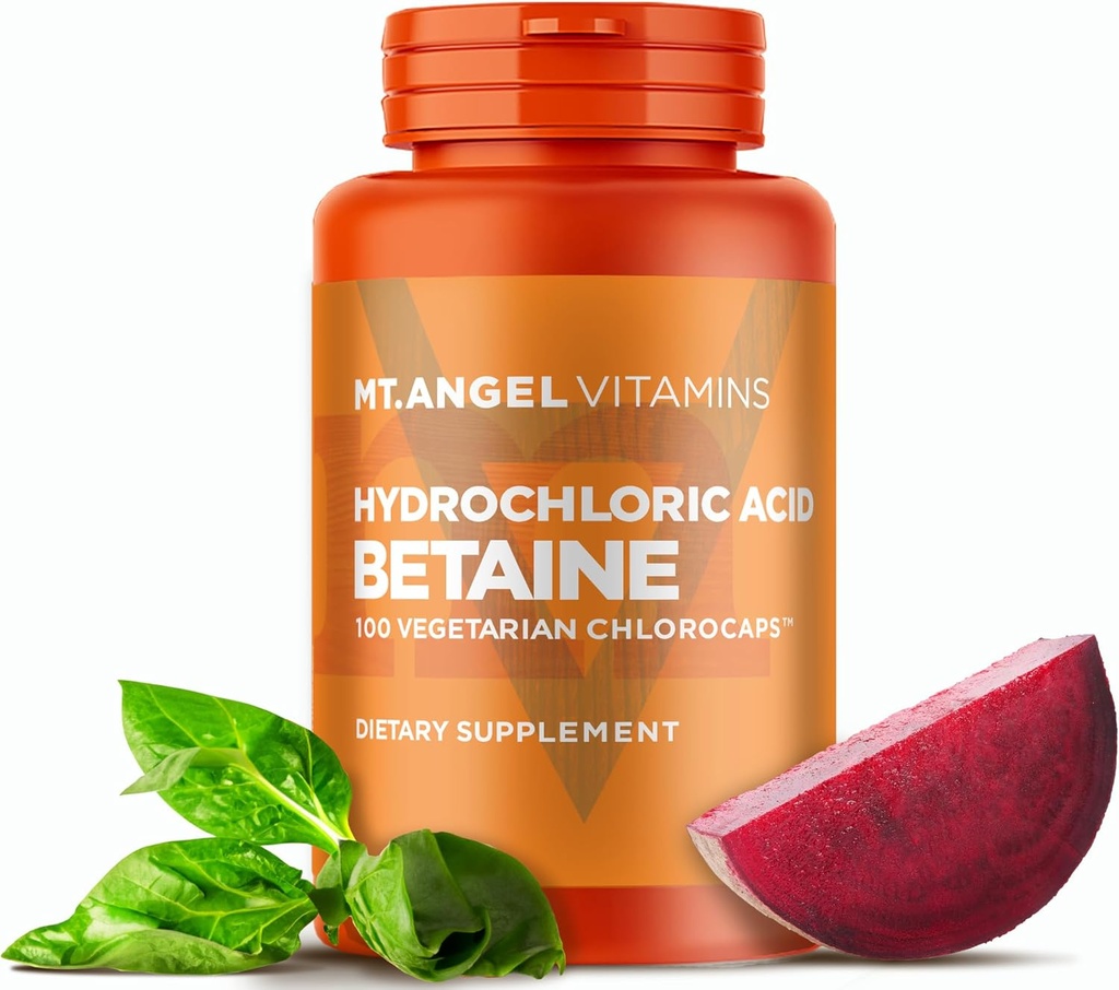 Mt. Angel Vitaminer - Saltsyre betain, understøtter sund fordøjelse & Gastriske safter (100 Vegetariske Chlorocap)