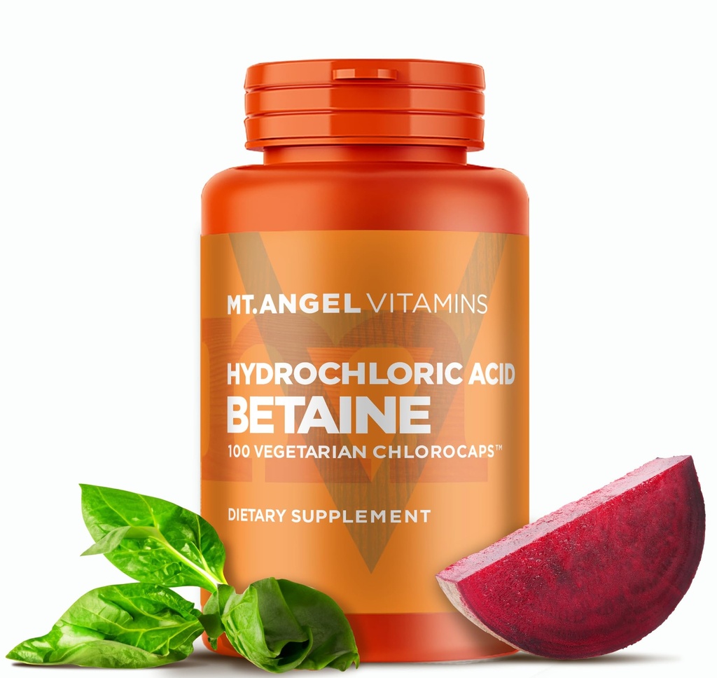 Mt. Angel Vitaminer - Saltsyre betain, understøtter sund fordøjelse & Gastriske safter (100 Vegetariske Chlorocap)