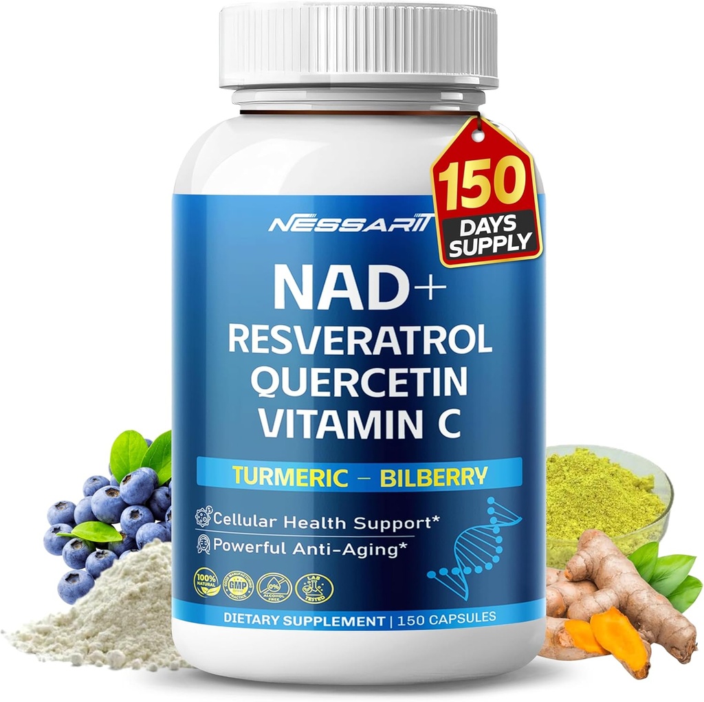 NAD + RESVERATROL Supplement- 10- in-1 Natural Blend med Quercetin gurkemeje Berberine Bilberry Green Tea - 150 Greve - Made & Testet i USA